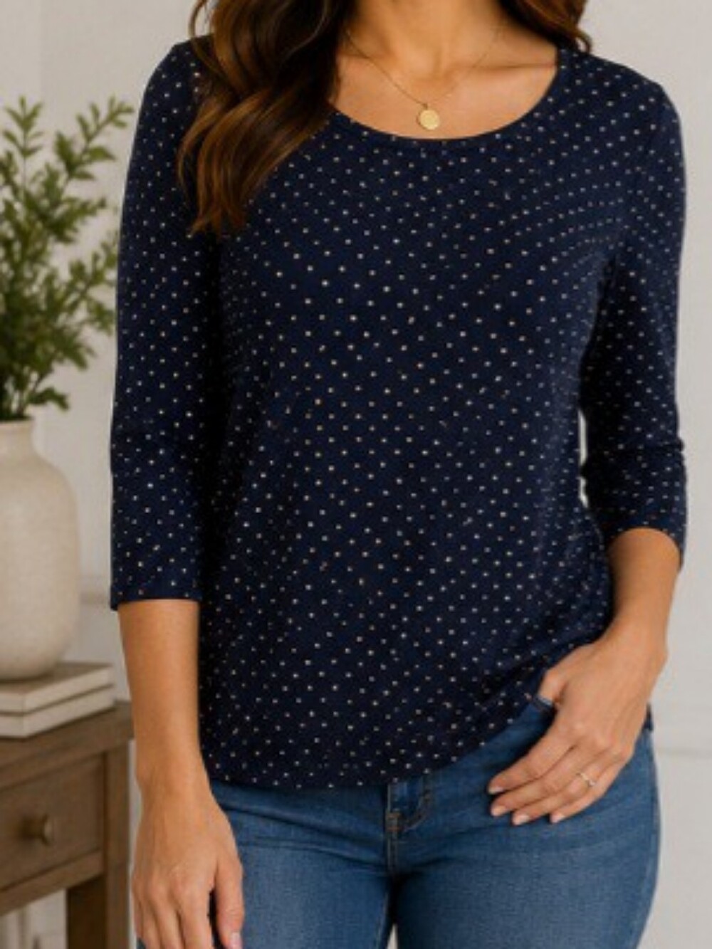 Chico’s Navy Polka Dot 3/4 Sleeve Top | Soft Stretch Casual Blouse